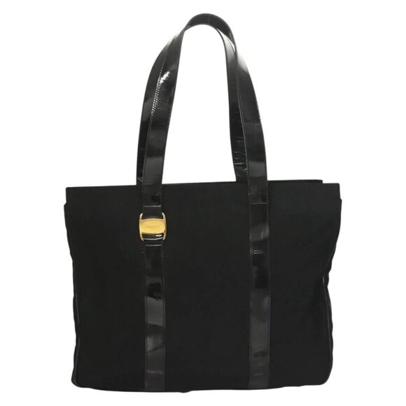 Salvatore Ferragamo Vala Tote Bag Nylon Black Gold Auth gh381 - Picture 10 of 15